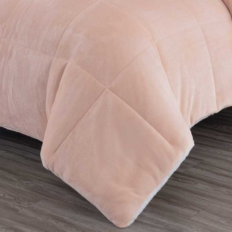 3-Piece Micromink And Sherpa Reversible Comforter Set, King Comforter + 2 King Shams, Blush