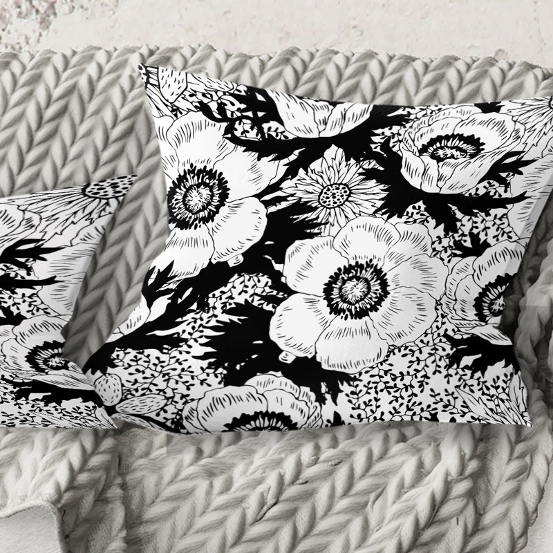 Coussin décoratif rétro à motif de fleurs monochromes - Mid-Century, Noir, 18 po x 18 po