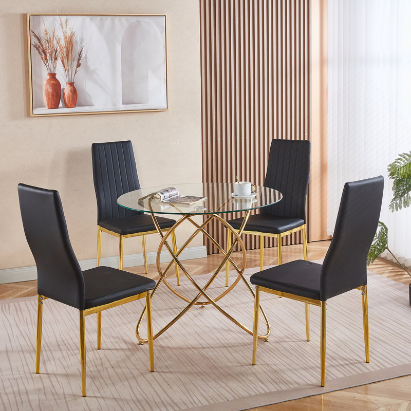 Ensemble de table de salle à manger 5 pièces, table de salle à manger avec pieds en métal et quatre chaises, Noir, Doré