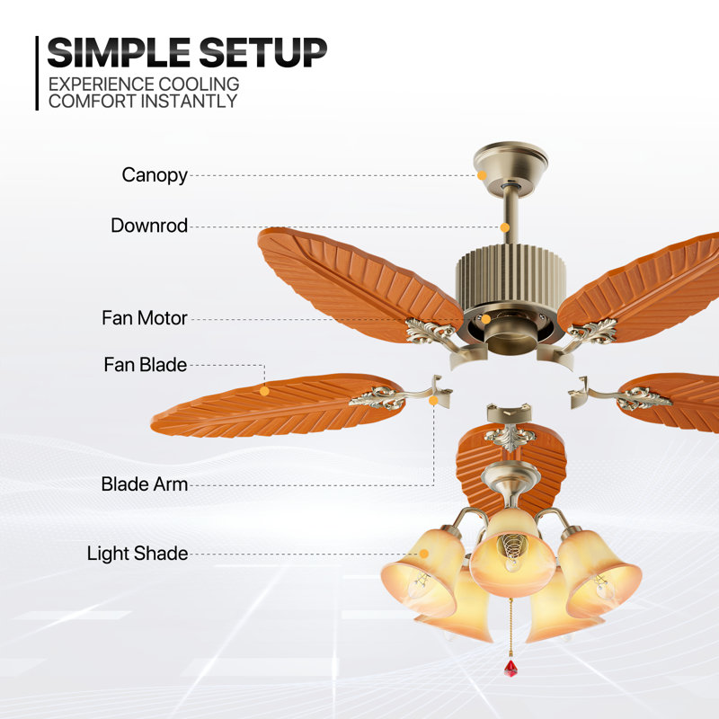 Golden 52" Tropical Ceiling Fan with Palm Leaf Blades and LED Lighting