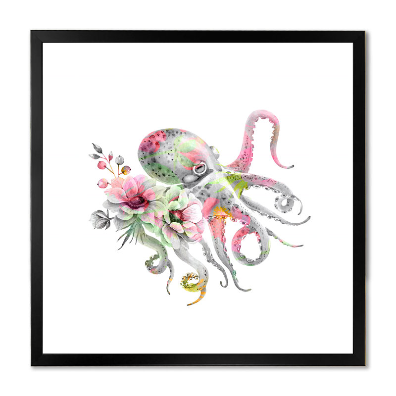 Pieuvre avec un bouquet de fleurs délicates - impression sur toile nautique et côtière, Cadre noir