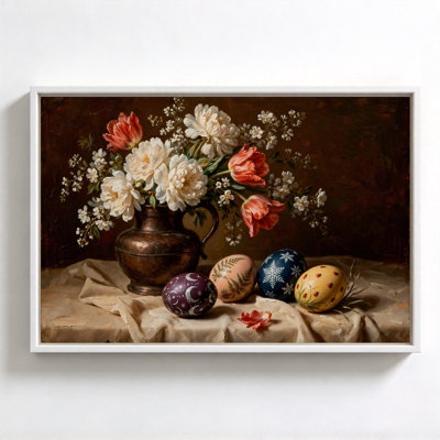 Tulipes et pivoines avec œufs, art mural encadré noir, 16 po x 24 po, décoration murale moderne pour le salon et la chambre à coucher