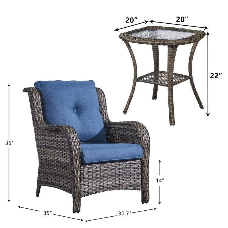 Ensemble de conversation avec coussins 3 pièces Tonry, Bleu, Gris
