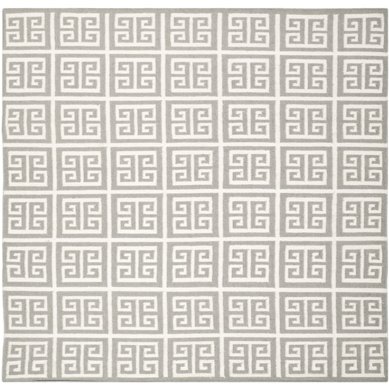 Rodgers Hand Woven Flat Weave Banana Silk/Wool/Cotton Geometric Rug in Ivory, Square 7'