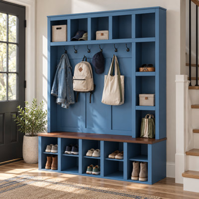Porte-manteau de 150 cm de large avec banc de rangement pour chaussures, 6 patères et étagères ouvertes