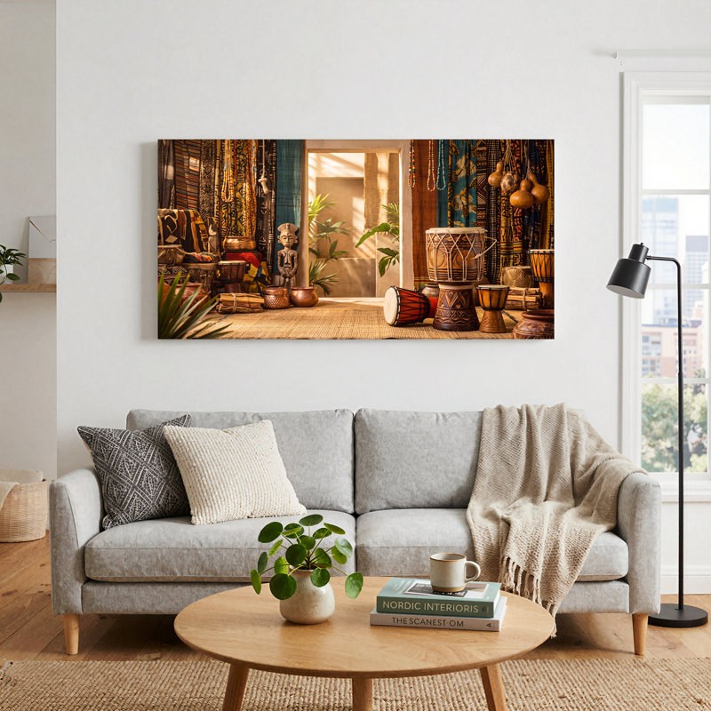 Tambour africain et statue en bois dans une cour ensoleillée, art mural sur toile 47 x 24 x 1,5 po