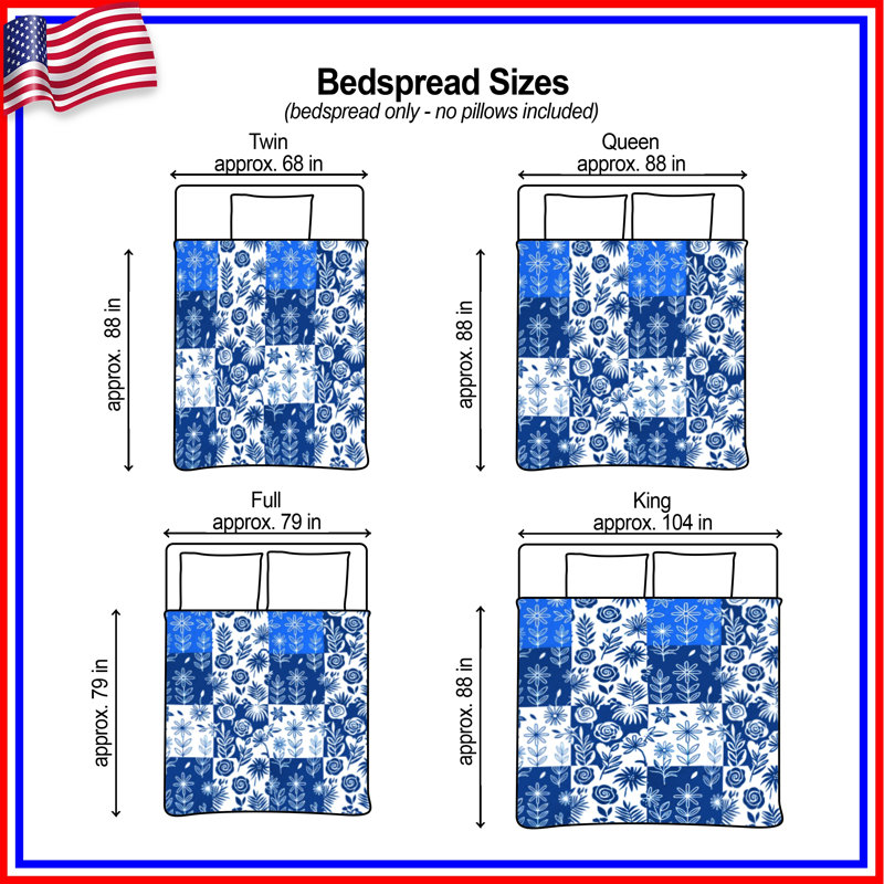 Blue White Floral Pattern Quilted Bedspread All Sizes, King