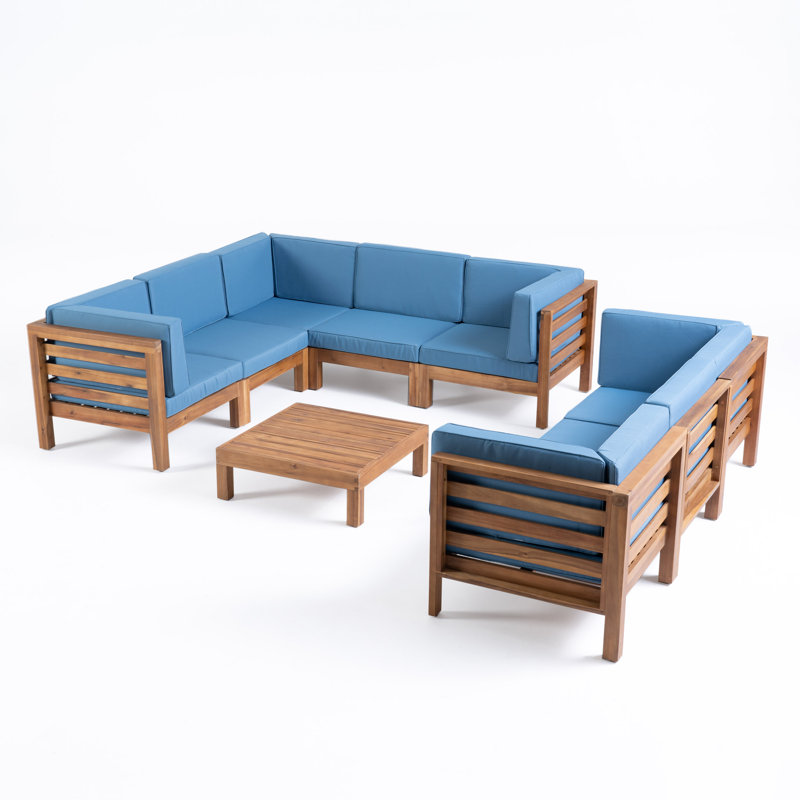 Ajanai Acacia 7 - Person Modular Patio Conversation Set with Cushions, Teak Frame/Blue Cushion