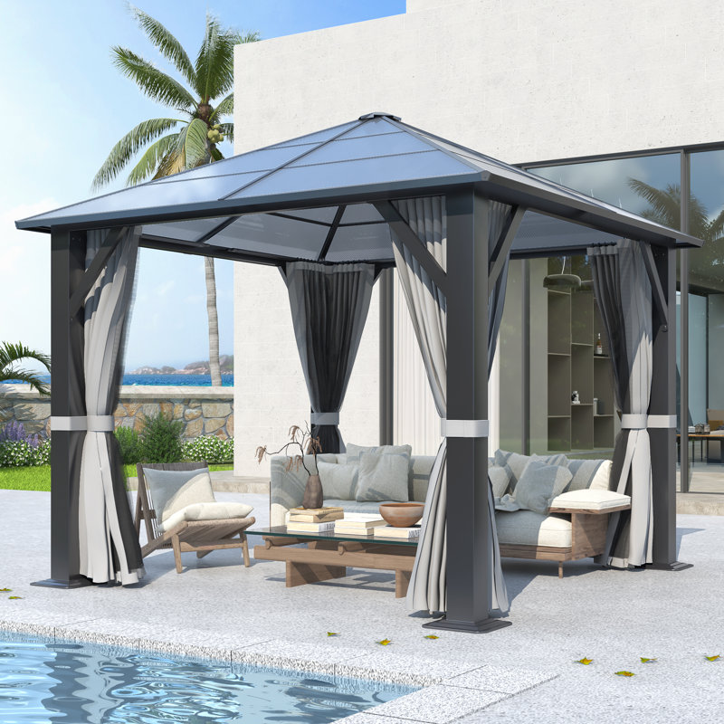 12 pi. L 10 pi. D Pavillon de jardin en polycarbonate pour l'extérieur - Pavillon de jardin à structure en acier avec filets et rideaux