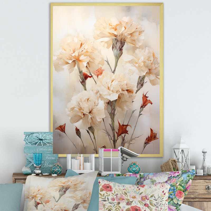Minimalisme, œillets, bouquet I sur toile, Cadre doré simple, H 20 po x l 12 po x P 1 po