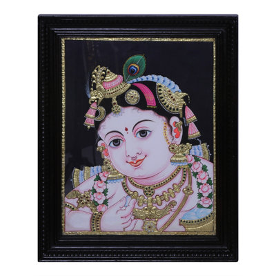 Tanjore, peinture du visage de Shree Krishna | Couleurs traditionnelles avec or 24 carats | Avec cadre