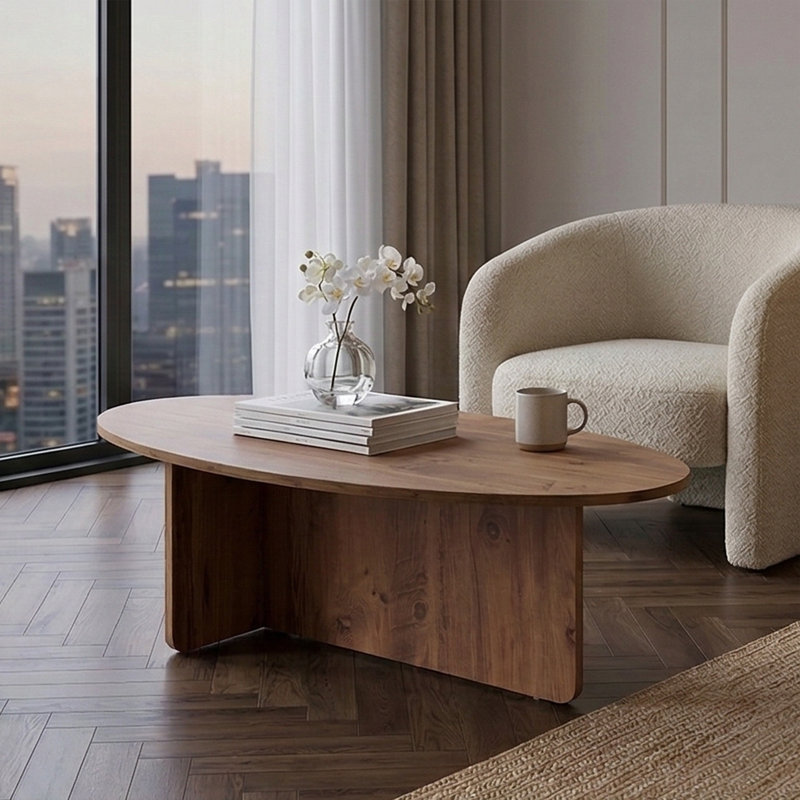 Table basse ovale moderne avec base architecturale Aurelia, Pin atlantique