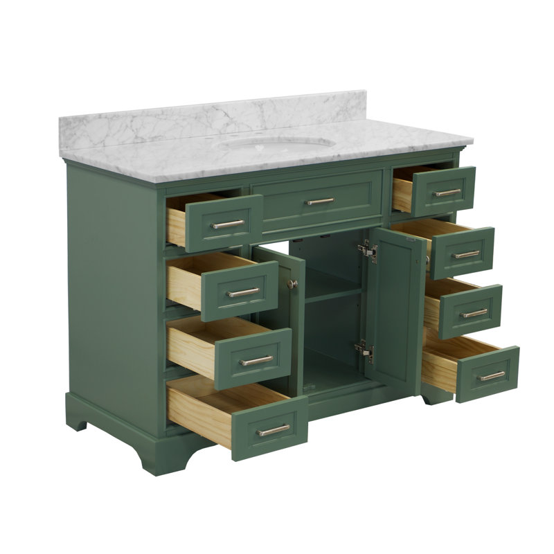 Meuble-lavabo simple P 22 po x H 35 po avec comptoir vert sauge et comptoir en marbre de Carrare Ronnie, Marbre de Carrare