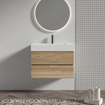 Ensemble de meuble-lavabo 30 pièces en chêne brut + chêne brut avec lavabo en quartz blanc et tiroirs souples, meuble-lavabo mural flottant pour salle de bain moderne, sans drain ni robinet