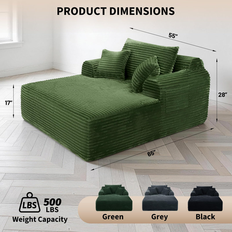 Fauteuil inclinable 65 po avec 3 coussins pour le salon de la chambre à coucher 65 po, Vert
