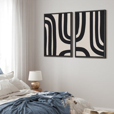 Geometric Line Shape Mid Century Modern Black Abstract Spiral Neutral Decor Framed On Canvas 2 Pieces Print Wall Art