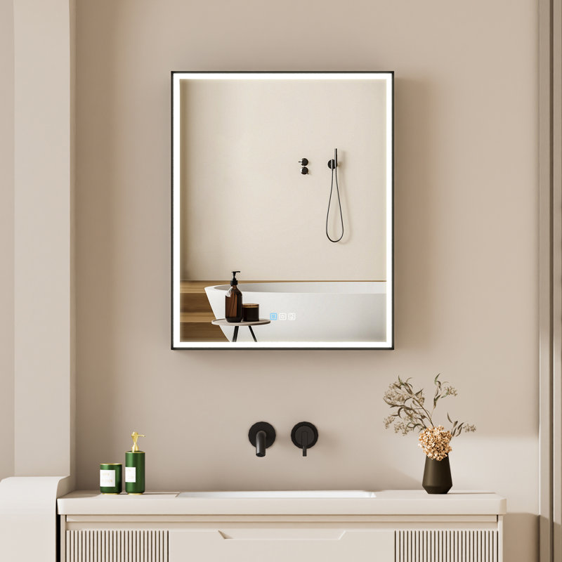 Armoire murale à DEL encastrée ou en surface 30 po H avec miroir et tablettes réglables, cadre noir, Gauche