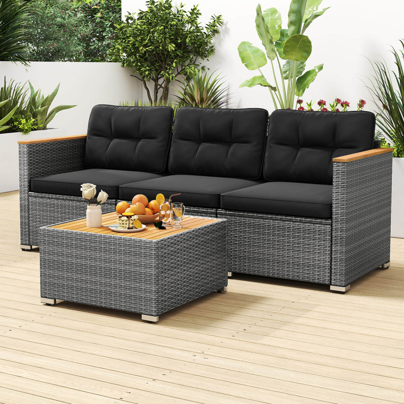 3-Seat Patio PE Rattan Wicker Couch Sofa with Deep Seating and Cushion for Porch, Black Cushion/Grey Frame