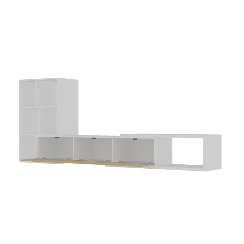 100.8'' W Stretchable L-Shaped TV Stand Console Table With Flip Down Cabinet Doors And Multiple Open Shelves(75.2'' W To 100.8'' W)