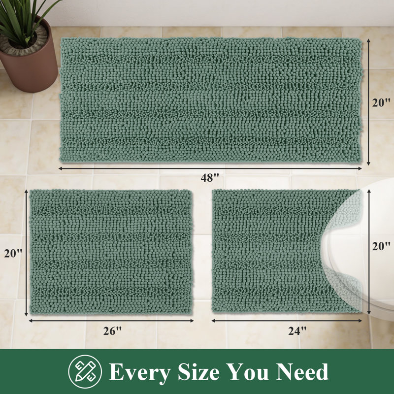 Ensemble de 3 tapis de bain doux et absorbant avec envers antidérapant, Vert