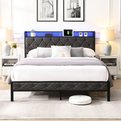 Dark Gray Bed Frame With Storage And Charging Function - Metal Structure, Led Lights, Noise-, Simple Assembly Full Headboard & Upholstered Platform