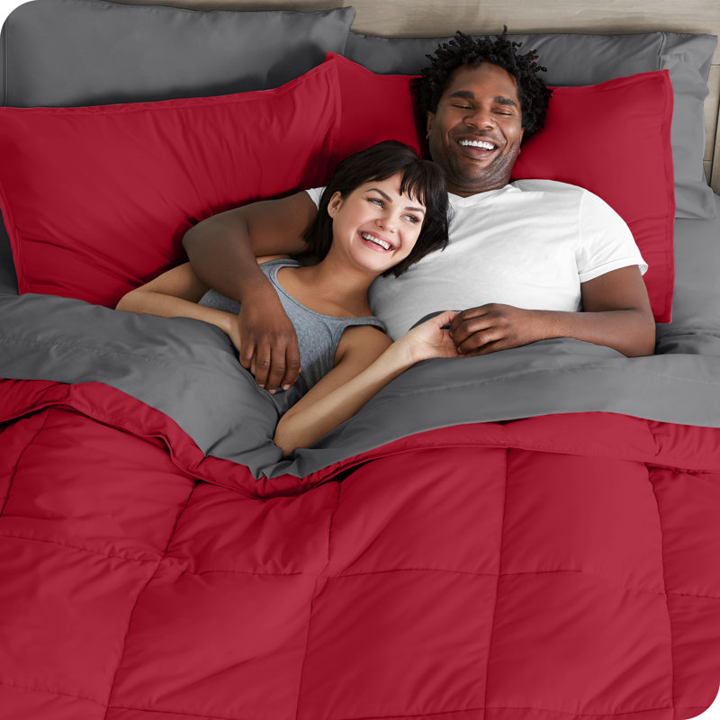 Lit dans un sac en microfibre 1800 de qualité supérieure 1800, Rouge / gris, Édredon simple TG et 4 pièces supplémentaires