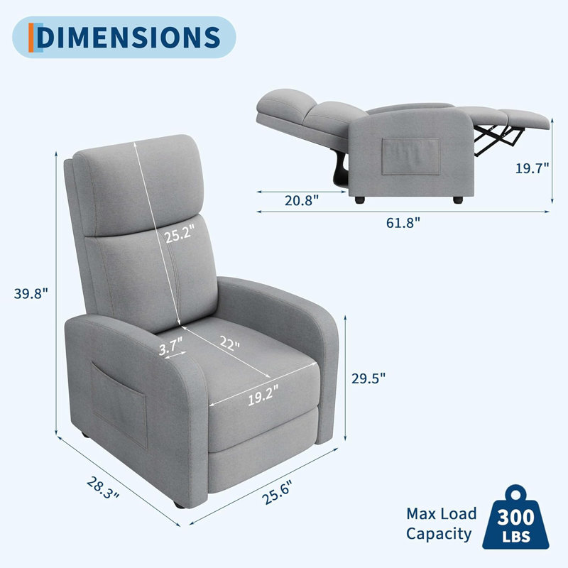 Set of 2 Recliner Chairs for Adults with Adjustable Backrest, Padded Seat, Tall Back and Wide Arms, Home Theater Seating for Living Room