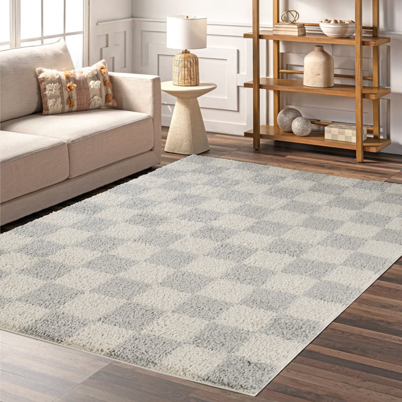 Chester Living Room Shaggy Area Rug Modern - Contemporary Checkered Design 30Mm Plush Pile Jute Backing Soft Woven Carpet -Hallway Indoor Rug, Grey,