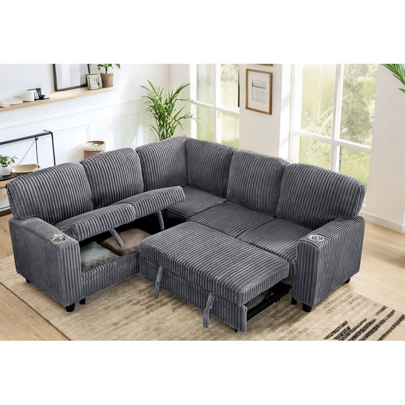L-Shaped Sectional Sofa Bed With Pull-Out Bed & Storage, 5-Seat Sleeper Couch With USB Charging, Convertible Design For Living Room, Apartment, Corduroy Fabric