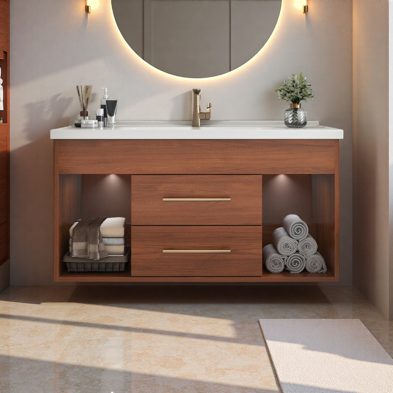 Meuble-lavabo simple 35,4 po Mid-Century avec lavabo encastré en céramique intégré