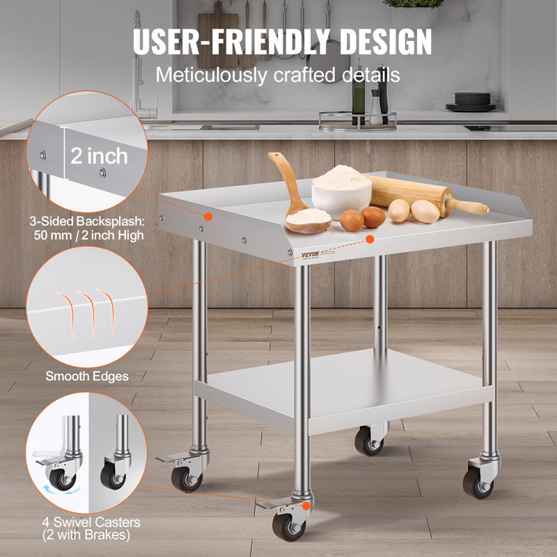 VEVOR Stainless Steel 28'' Adjustable Portable Work Table with Wheels