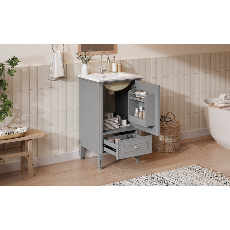[Vidéo] Meuble-lavabo de 20 po avec lavabo en céramique, pieds en bois massif, meuble-lavabo autoportant avec armoire de rangement, tiroirs et portes à fermeture en douceur, support de rangement, gris