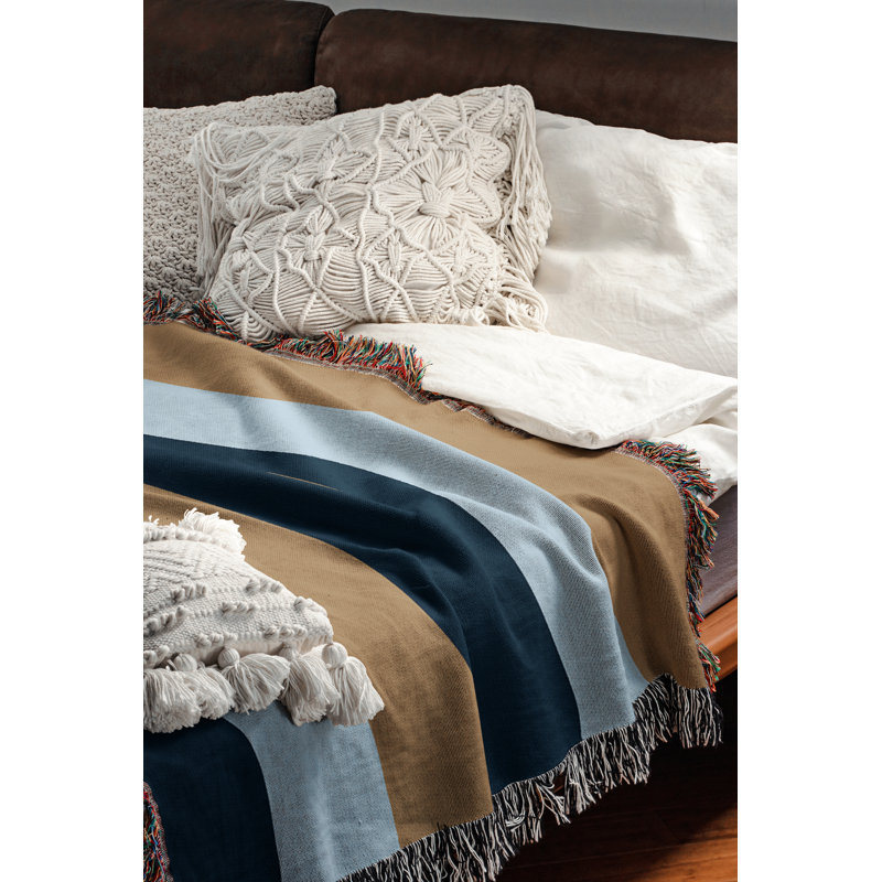 Jeté en mélange de coton Lynch, Bleu marine / bleu pâle / sable, 60" L x 50" W