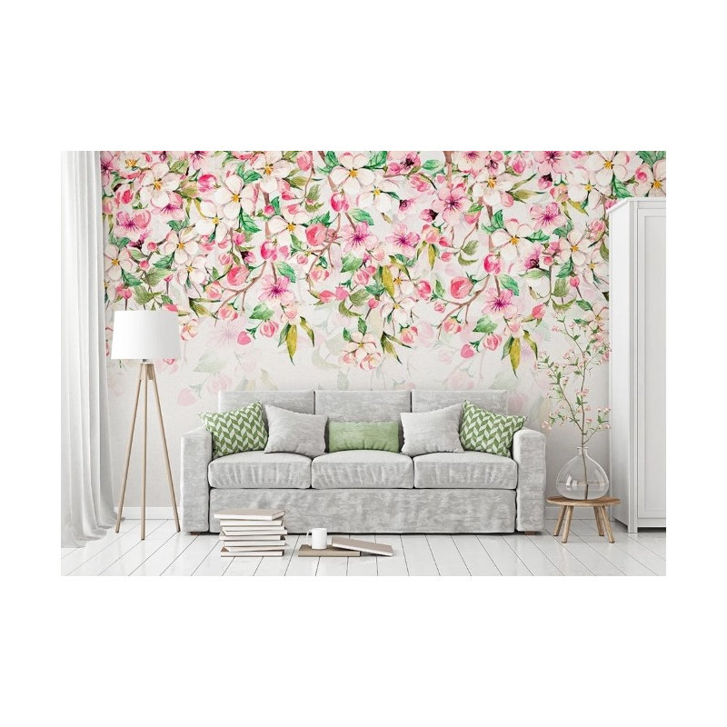 Papier peint floral aquarelle fleurs de cerisier rose vert, L 37 po x l 56 po