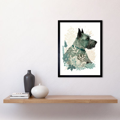 Scottish Terrier Dog Lying In Flower Field Modern Teal Tan - Single Picture Frame Print