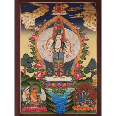 Avalokiteshvara tibétain avec Manjushri et Vajrapani (Thangka Brocadeless)
