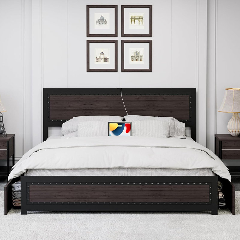 Industrial Platform Bed Frame With 4 Storage Drawers And Charge Station, Full, Dark Gray