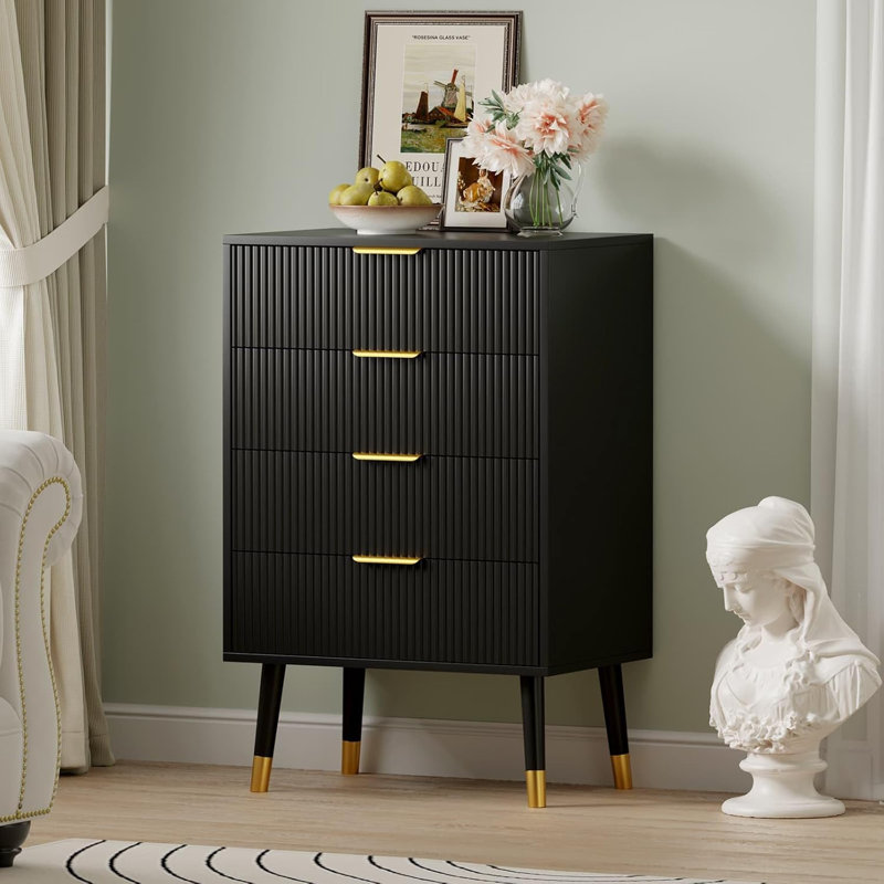 Commode haute 4 tiroirs avec poignées en métal doré et petite commode, Noir, noir, noir, noir