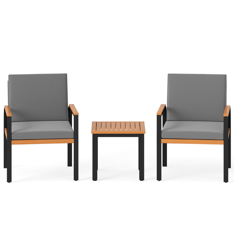 3 Pieces Patio Furniture Set Outdoor Bistro Conversation Set w/ Acacia Wood Side Table