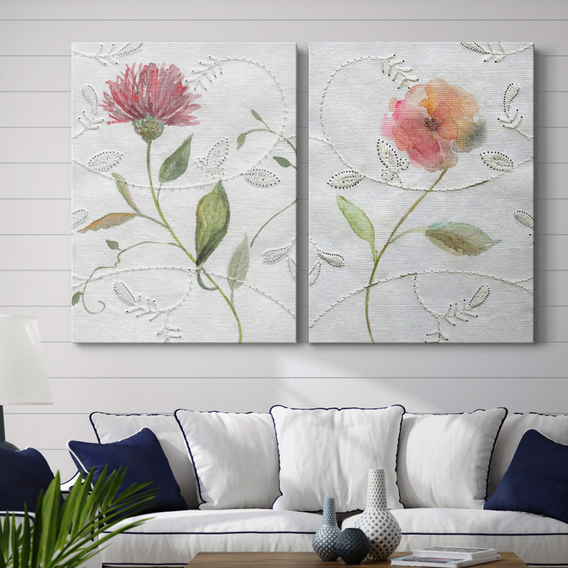 Broderie botanique I - ensemble de 2 impressions, H 48 po x l 72 po x P 1 po, Toile tendue, Pas de tapis