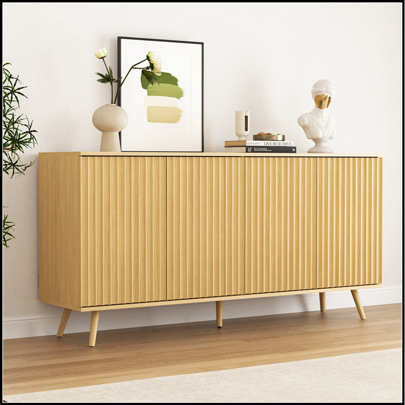 Buffet Modern Farmhouse avec 4 portes, tablettes réglables et motif hexagonal pour un rangement polyvalent et un décor élégant
