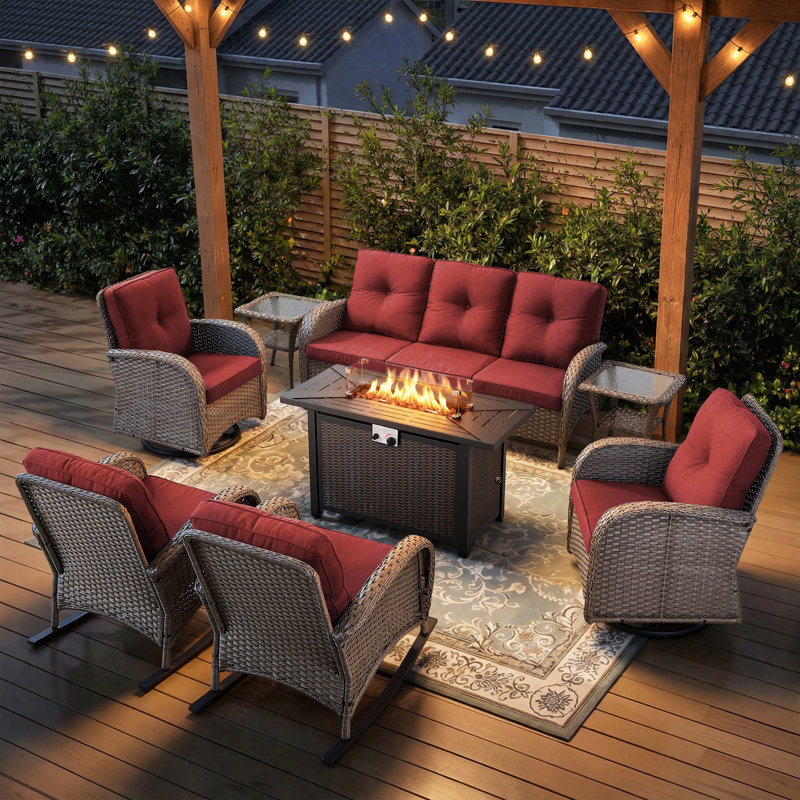 All-Weather Outdoor Wicker Porch Nighttime Family Fire Pit Set With Sofa, Rocking Chairs And Swivel Chairs, Red