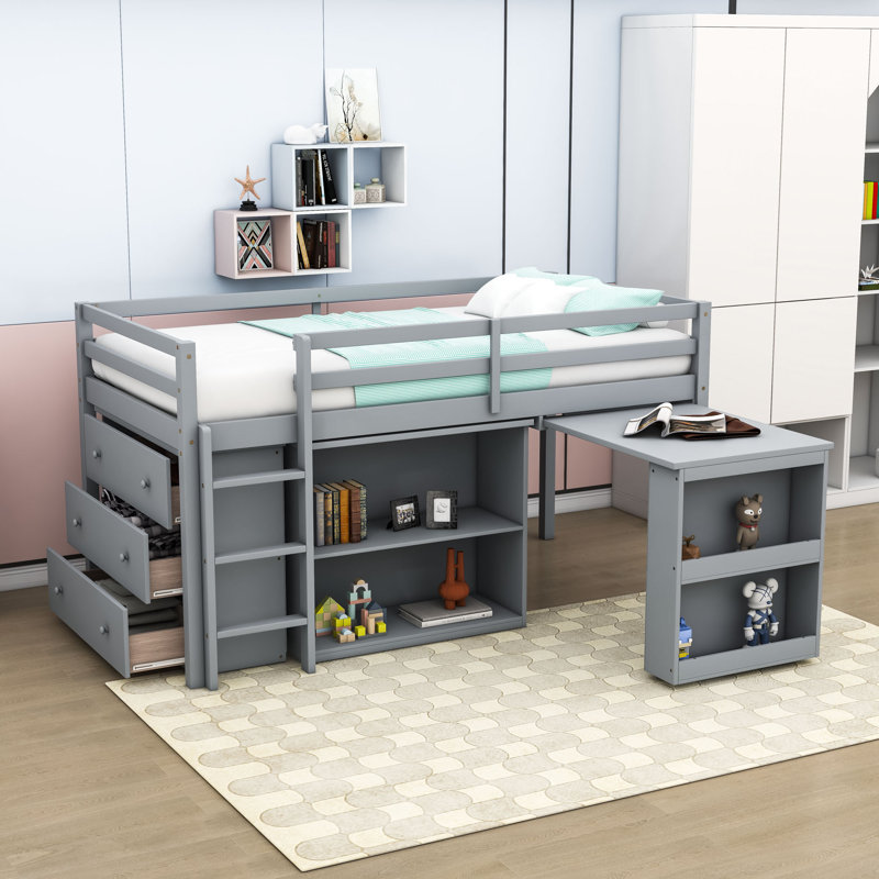 Lit mezzanine simple en bois avec tablette de rangement sous le lit, tiroirs et bureau coulissant, Gris