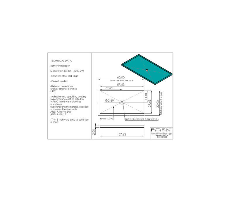 Base de douche l 60 po x p 32 po