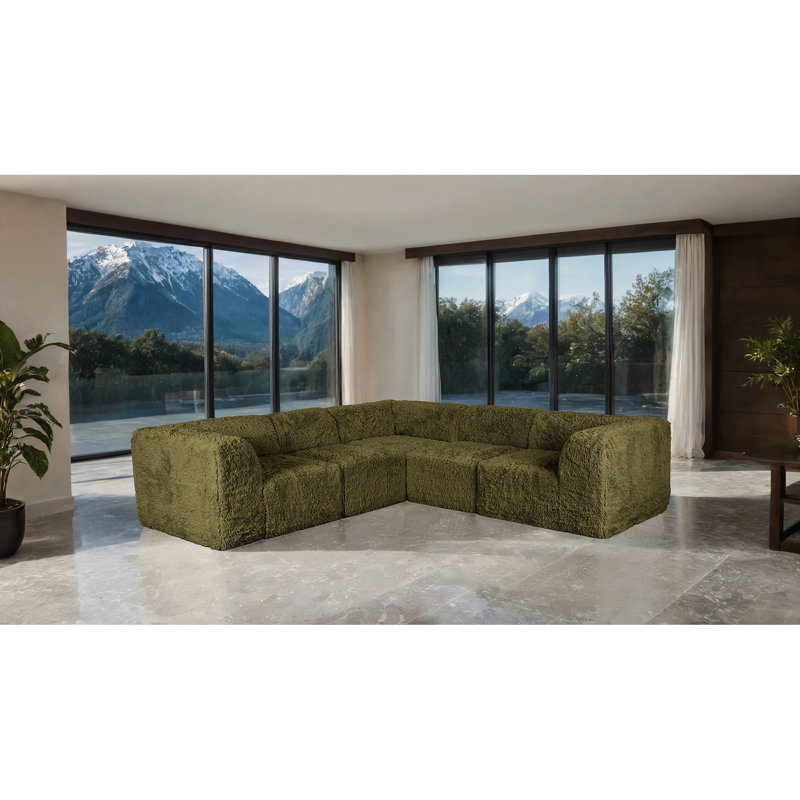 Salon modulaire en L, Fausse fourrure vert olive, mousse