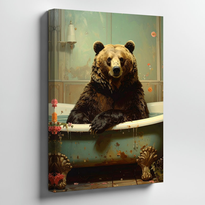 Un grand ours brun se prélassant dans une baignoire rétro en toile, l'ours a une expression calme, de qualité supérieure, prêt à accrocher moderne