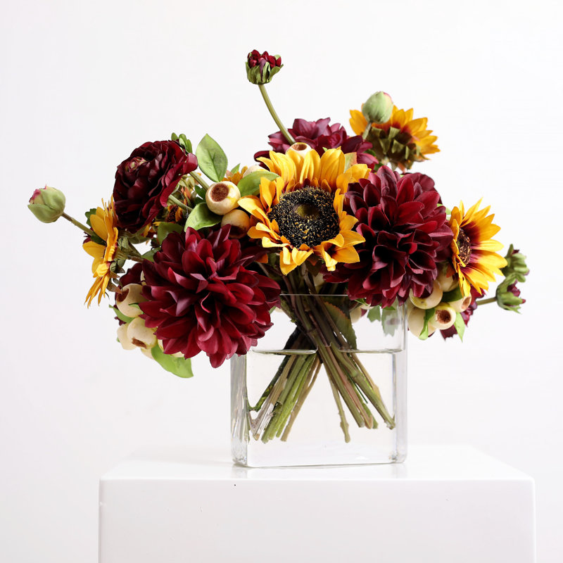 Bouquet de fleurs dans un vase en verre Bourgogne Dahlia & Golden Sunflower Fall