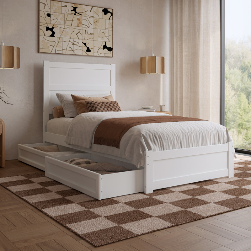 Lit plateforme avec tiroirs de rangement en bois Aveline, Très grand simple, Blanc