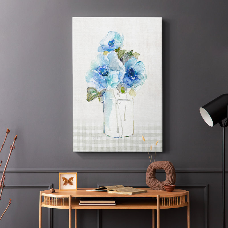 Gingham Blue Flowers I -Gallery Wraraped Cavas, H 60 po x l 40 po