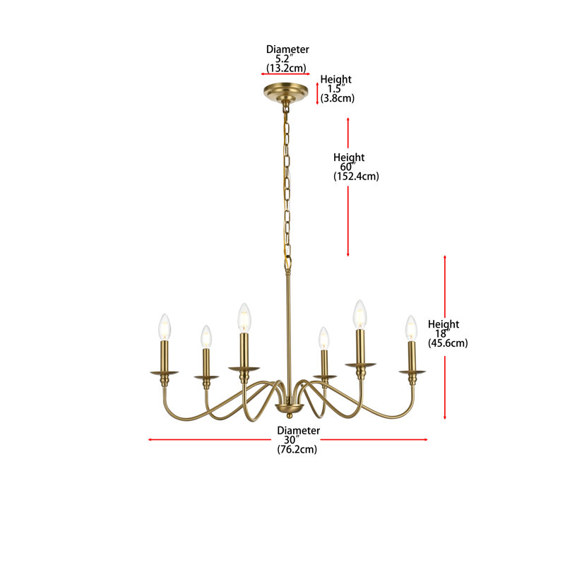 Lustre 6 lumières façon bougie Ableton, H 18 po x l 30 po x P 30 po, Or satiné